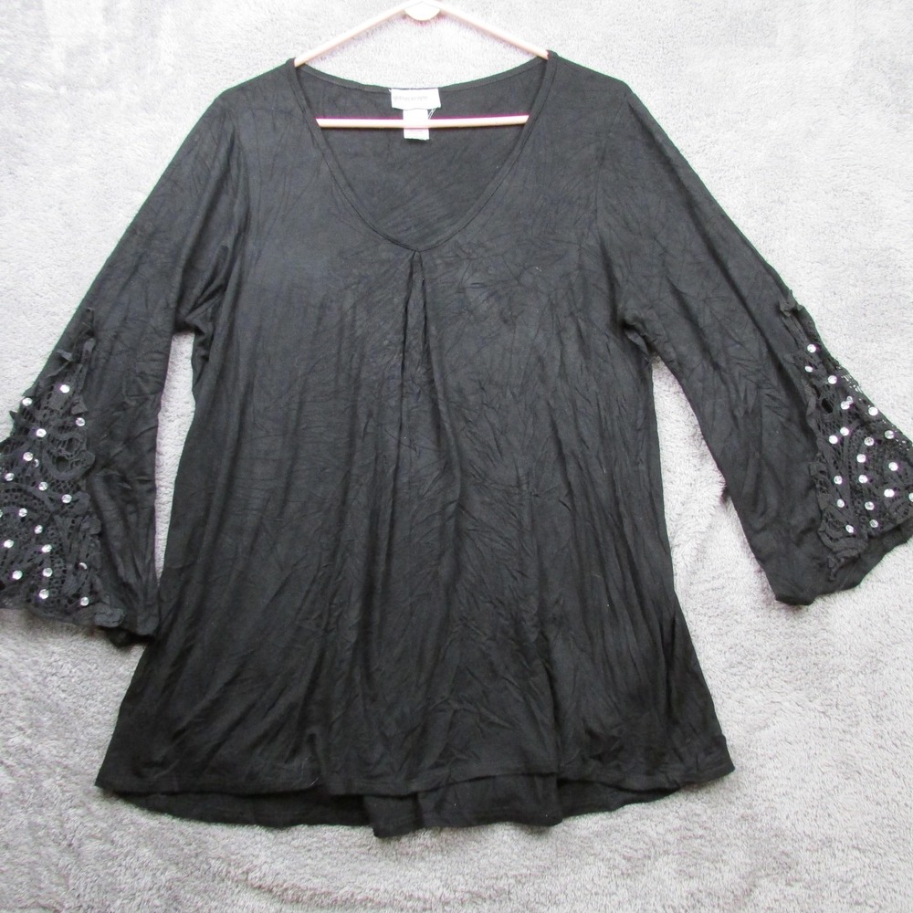 Glitterscape‎ Shirt Womens Plus 1X Black Sequin Crochet Bell Sleeve Tunic Top